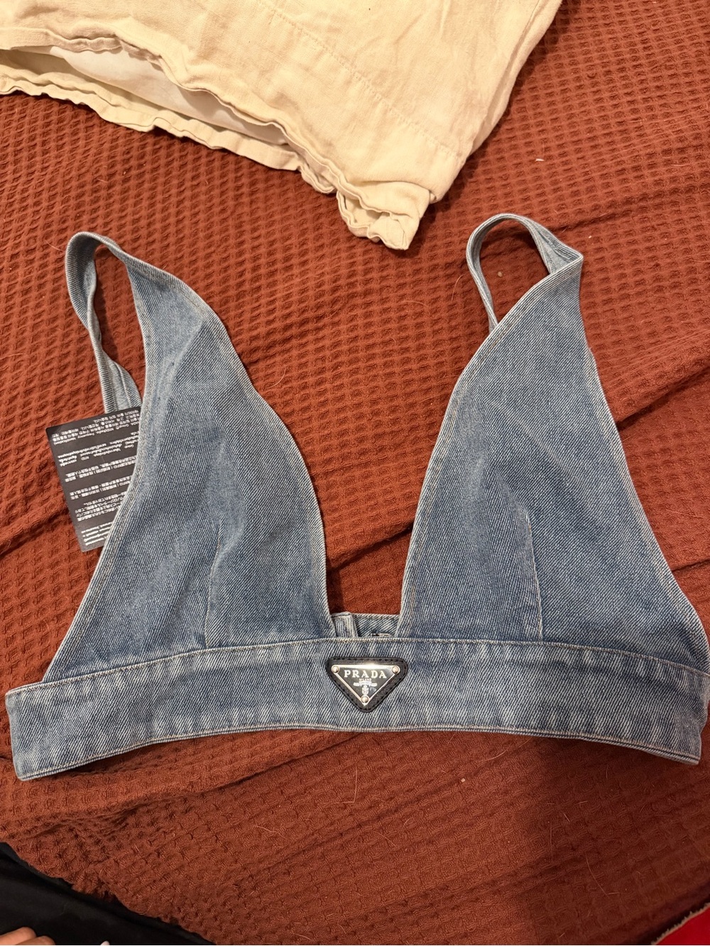 Prada Denim Triangle Bralette with Logo Plaque - Blue - Picture 3 of 8